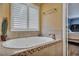 Spa-like bathroom featuring a large soaking tub with tile surround and a shuttered window at 3632 Locklear Ln, Mount Pleasant, SC 29466