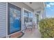 Inviting front porch with a blue front door, welcome mat, and two chairs on a patterned rug at 106 Kirkland St, Goose Creek, SC 29445