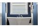 Close up of a standalone tub with views of a large window and custom faucets at 121 Warbler Way, Summerville, SC 29483