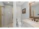 Bright bathroom featuring a glass-enclosed shower and granite countertops at 161 Marsh Hawk Ln, Kiawah Island, SC 29455