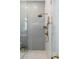 Modern shower featuring a glass enclosure, brass fixtures, and stylish gray tile at 179 Wentworth St, Charleston, SC 29401