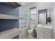 Cozy blue bathroom featuring single sink, a tub with shower and storage shelves built into the wall at 407 Squire Pope Rd, Summerville, SC 29486