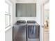 Modern laundry room featuring gray cabinets and a front-load washer and dryer at 74 Sandbar Ln, Folly Beach, SC 29439