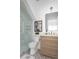 Stylish bathroom featuring a glass-enclosed shower, patterned tile floor, and modern vanity at 1119 Simmons St, Mount Pleasant, SC 29464