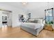 Bright bedroom features a large bed, a side table, modern lighting and view of a modern bathroom at 151 Brailsford St, Charleston, SC 29492