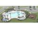 Aerial view of a resort style pool with a playground, palm trees and ample seating at 629 Red Monarch Way, Moncks Corner, SC 29461