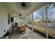 View of the spacious screened-in porch with outdoor furniture and a ceiling fan for relaxing or entertaining at 115 Ridge Rd, Summerville, SC 29485