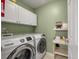 Well-lit laundry room has new, front loading Samsung washer and dryer and white storage cabinets at 101 Clogher Head Way, Goose Creek, SC 29445