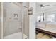 This primary bathroom boasts a glass enclosed shower, and is attached to the main bedroom area at 129 Sabal Ct, Summerville, SC 29483