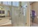 Modern shower with glass door, shower head and built in product shelving at 2005 Carriage Way, Summerville, SC 29485