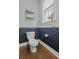 Modern bathroom with a toilet, two-tier metal rack, a window, and dark blue wainscoting at 213 Crossandra Ave, Summerville, SC 29483