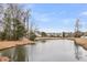 Scenic pond view showcasing the serene backyard and surrounding lush landscaping with blue skies at 250 Xavier St, Charleston, SC 29414