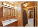 Traditional bathroom featuring wood walls, a single sink vanity, toilet, and medicine cabinet at 415 W Carolina Ave, Summerville, SC 29483