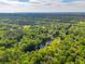 Picturesque aerial view of an expansive wooded area featuring a pond and a glimpse of the distant coast at 4304 River Rd, Johns Island, SC 29455