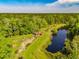 Aerial view of lush property featuring a pond, mature trees, and rustic outbuildings at 4304 River Rd, Johns Island, SC 29455