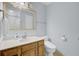 Light blue bathroom featuring a wood vanity, white sink, and toilet, illuminated by overhead lighting and a large framed mirror at 1137 Windsome Pl, Mount Pleasant, SC 29464