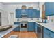 Close up of a well-equipped kitchen, stainless appliances, blue cabinets and white backsplash at 301 E Richardson Ave, Summerville, SC 29483