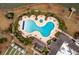 Aerial view of a uniquely shaped swimming pool with a hot tub, surrounded by lounge chairs, palm trees, and walking paths at 323 Waterlily Way, Summerville, SC 29486