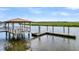 Close-up of a waterfront wooden dock featuring a covered area and convenient boat mooring at 6917 Tanner Hall Blvd, Hanahan, SC 29410