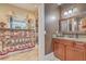 This bathroom features a sink and vanity, mirror, and a walk-in closet with shelves and a window at 1012 Denali Ct, Summerville, SC 29483
