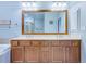 Bathroom vanity with double sinks, wood cabinets, a large framed mirror, and modern lighting at 196 Fair Sailing Rd # 25, Mount Pleasant, SC 29466