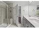 Bathroom features a glass shower, white countertops, and modern fixtures at 2025 Lanneau Ln, Johns Island, SC 29455