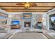 Inviting living room featuring a fireplace, TV, comfortable seating, and a glimpse of a peaceful outdoor view at 407 Palmetto Blvd, Edisto Beach, SC 29438