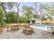 Scenic backyard featuring a pool, fire pit, lounge chairs, and dining area at 521 London Bridge Rd, Mount Pleasant, SC 29464