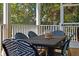 Enjoy outdoor dining on this screened-in porch with a wicker table and matching blue and white chairs at 112 E Huron Ave # C, Folly Beach, SC 29439