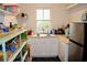This quaint kitchen features white cabinets, butcher block countertops, and stainless steel appliances at 2008 Cosgrove Ave, North Charleston, SC 29405