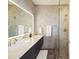 Modern bathroom featuring double sinks, an illuminated mirror, and a glass-enclosed shower at 249 Ashley Ave, Charleston, SC 29403