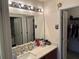Clean bathroom with a sink, a large mirror, bright lighting, and a view to the walk-in closet at 7364 Suncatcher Dr, Hanahan, SC 29410
