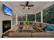 Relaxing screened porch with comfortable seating, a fireplace, and a TV, perfect for enjoying the outdoors at 129 Sparrow Dr, Isle of Palms, SC 29451