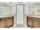 Bathroom featuring a glass-enclosed shower and double vanity with granite countertop at 331 Weston Hall Dr, Summerville, SC 29483
