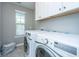 Functional laundry room with a modern washer and dryer, storage cabinets, and a window at 1089 Fort Johnson Rd, Charleston, SC 29412