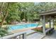 Community swimming pool surrounded by mature trees, lounge chairs, and lush landscaping at 1174 Village Creek Ln # 3, Mount Pleasant, SC 29464