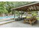 Relaxing poolside deck with picnic tables and shade in a tranquil outdoor setting at 1174 Village Creek Ln # 3, Mount Pleasant, SC 29464