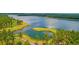 Beautiful aerial view of a large lake with green islands, walking paths, and lush forest surroundings at 207 Calm Water Way, Summerville, SC 29486