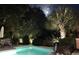 Night view of a serene swimming pool area surrounded by illuminated palm trees and lush landscaping at 24 Commons Ct, Isle of Palms, SC 29451