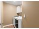 Functional laundry room with modern white washer and dryer units, cabinet, and clean design at 103 Cardinal Flower Ct, Moncks Corner, SC 29461