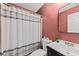Bathroom featuring a shower with a gray and white curtain, toilet, and modern vanity at 12 Palmetto Park Dr, Charleston, SC 29407