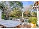 A gorgeous backyard with lush greenery, a patio with seating, and a charming outdoor dining area at 14 Guerard Rd, Charleston, SC 29407