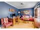 Inviting home office features stylish blue walls, a dark wood desk, and a comfortable red couch at 14 Guerard Rd, Charleston, SC 29407