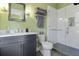 Updated bathroom with a glass enclosed shower, modern vanity, and soft green walls at 17 Trumbo St, Charleston, SC 29401