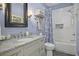 Elegant bathroom showcasing a vanity with a granite countertop and a blue and white shower curtain at 17 Trumbo St, Charleston, SC 29401