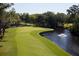 Picturesque golf course with a water feature, flag on the green and mature trees create a challenging and beautiful landscape at 2784 Hidden Oak Dr, Seabrook Island, SC 29455
