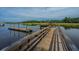 Wooden dock extending into the water, surrounded by lush greenery, offering a tranquil waterfront scene at 2942 Clearwater Dr, Mount Pleasant, SC 29466