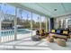 Cozy screened porch with comfortable seating and view of the private pool and backyard at 2942 Clearwater Dr, Mount Pleasant, SC 29466