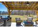 Covered patio featuring a built-in grill, comfortable seating, and a view of the backyard and pond at 409 Spruce Ivy St, Moncks Corner, SC 29461