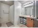 Practical bathroom with a vanity, drawers, a shower curtain and a dark door at 100 Hunters Wood Dr, Summerville, SC 29485